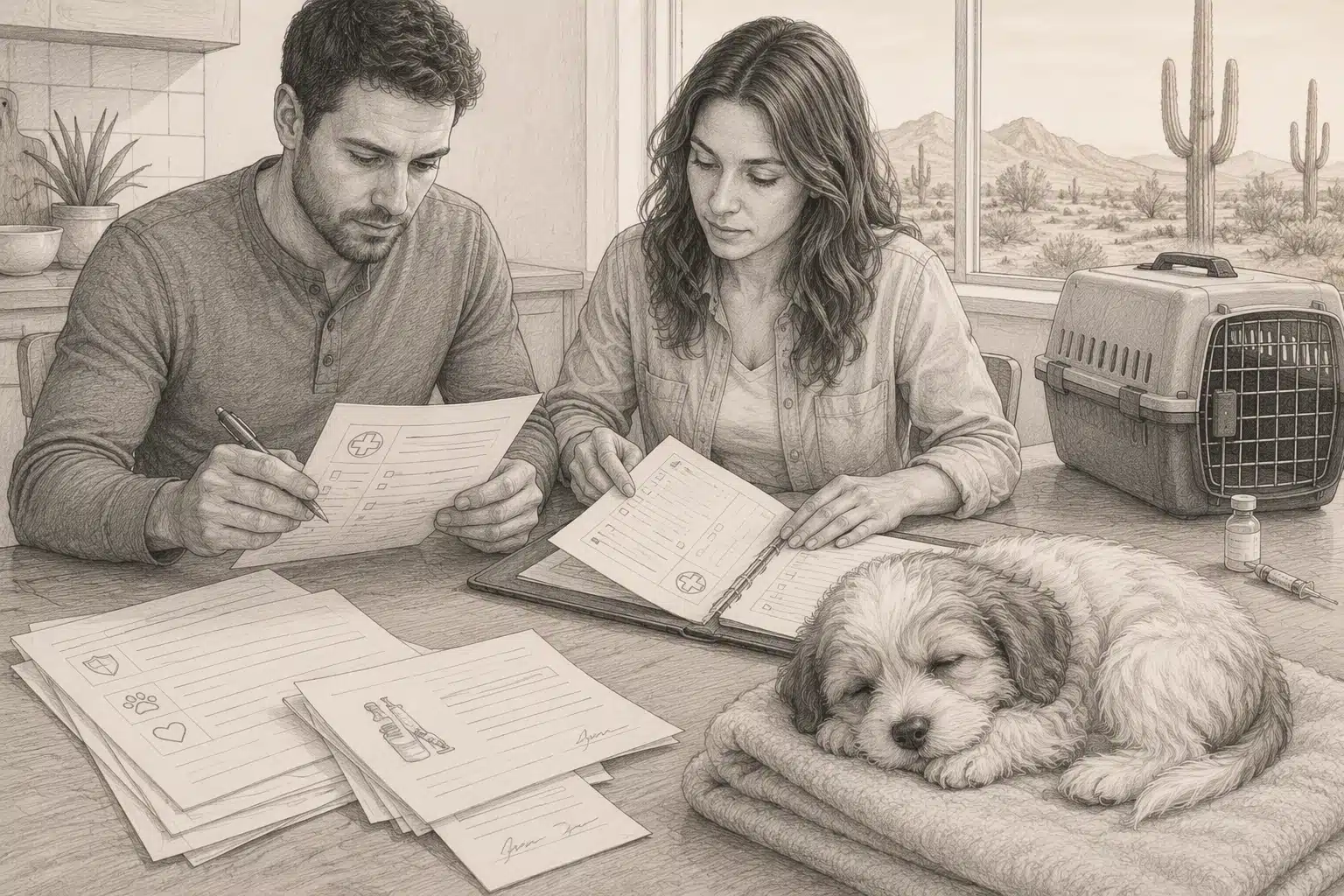 Couple reviewing puppy papers with sleeping dog nearby