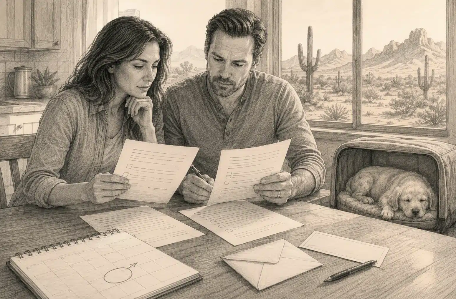 A couple reviewing a puppy contract at a kitchen table