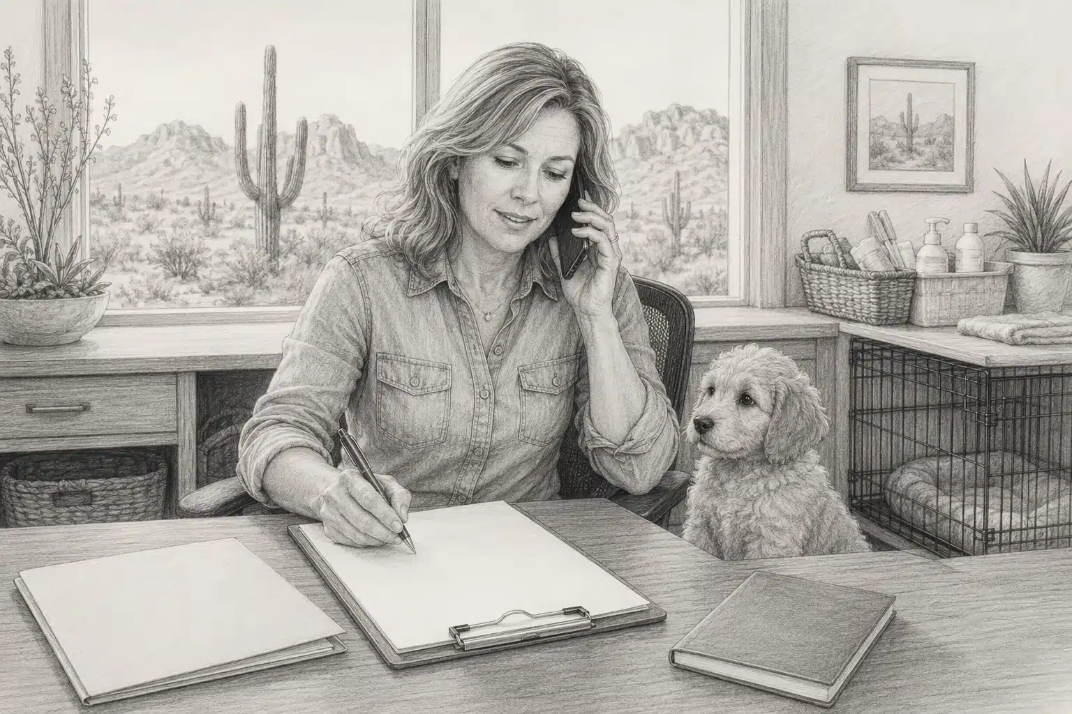A breeder answers questions beside a puppy