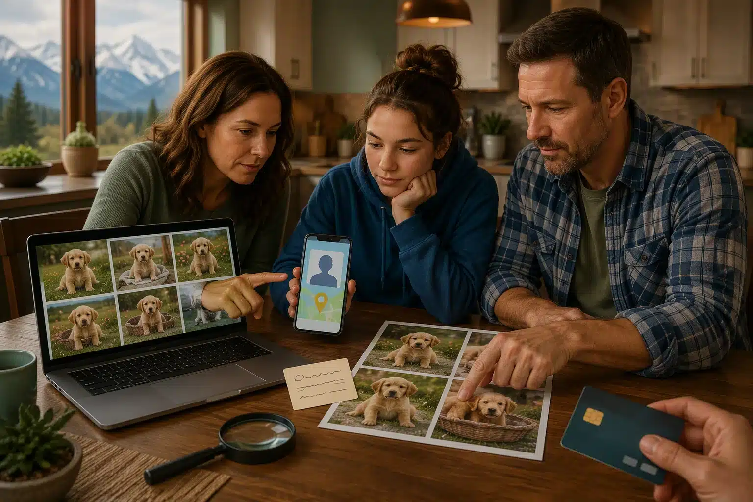 A family compares a breeder's address and photos on a laptop at a kitchen table