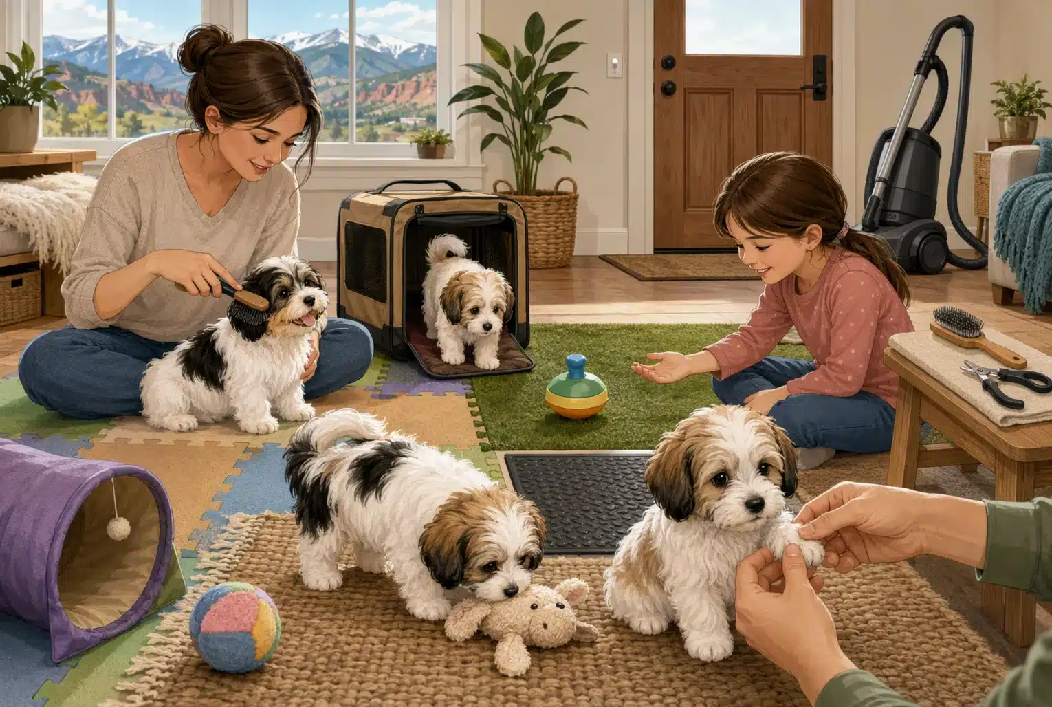 Puppies exploring playroom with textured mats