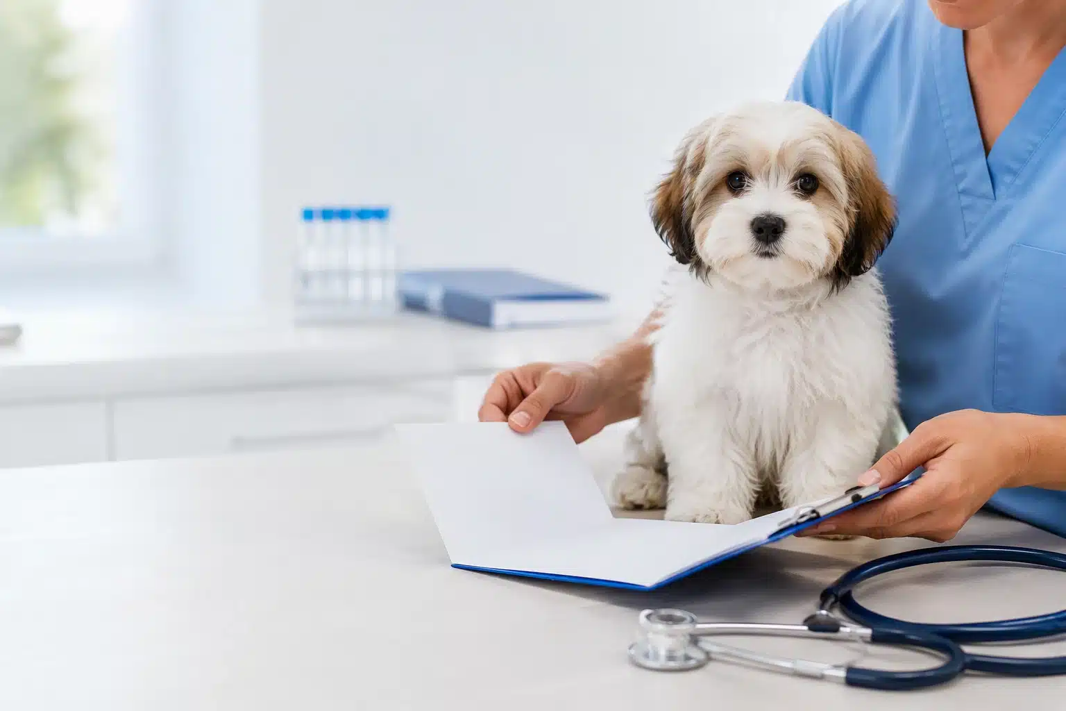 Veterinarian reviewing Havanese puppy vaccination card