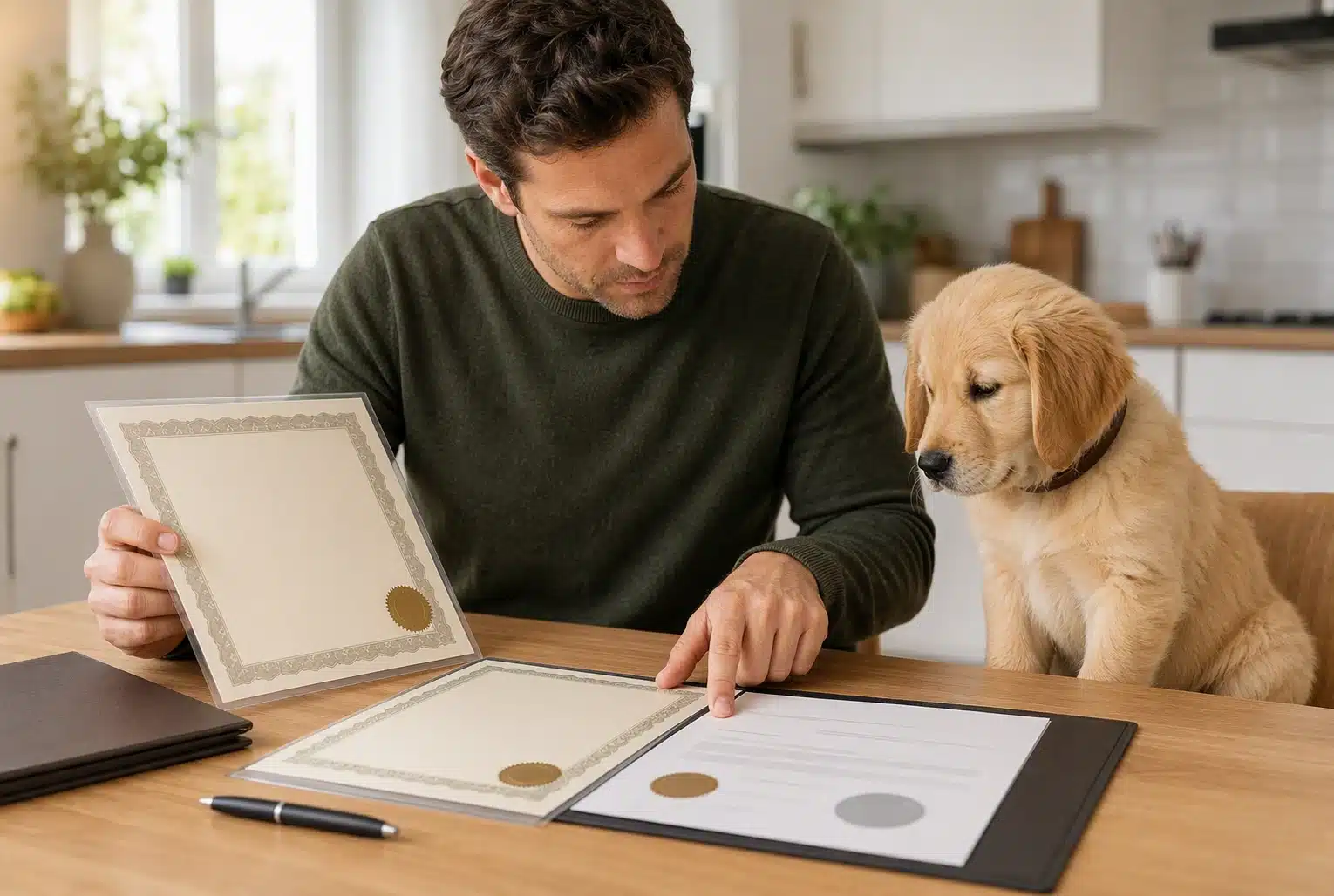A buyer reviews puppy registration papers at a bright kitchen table