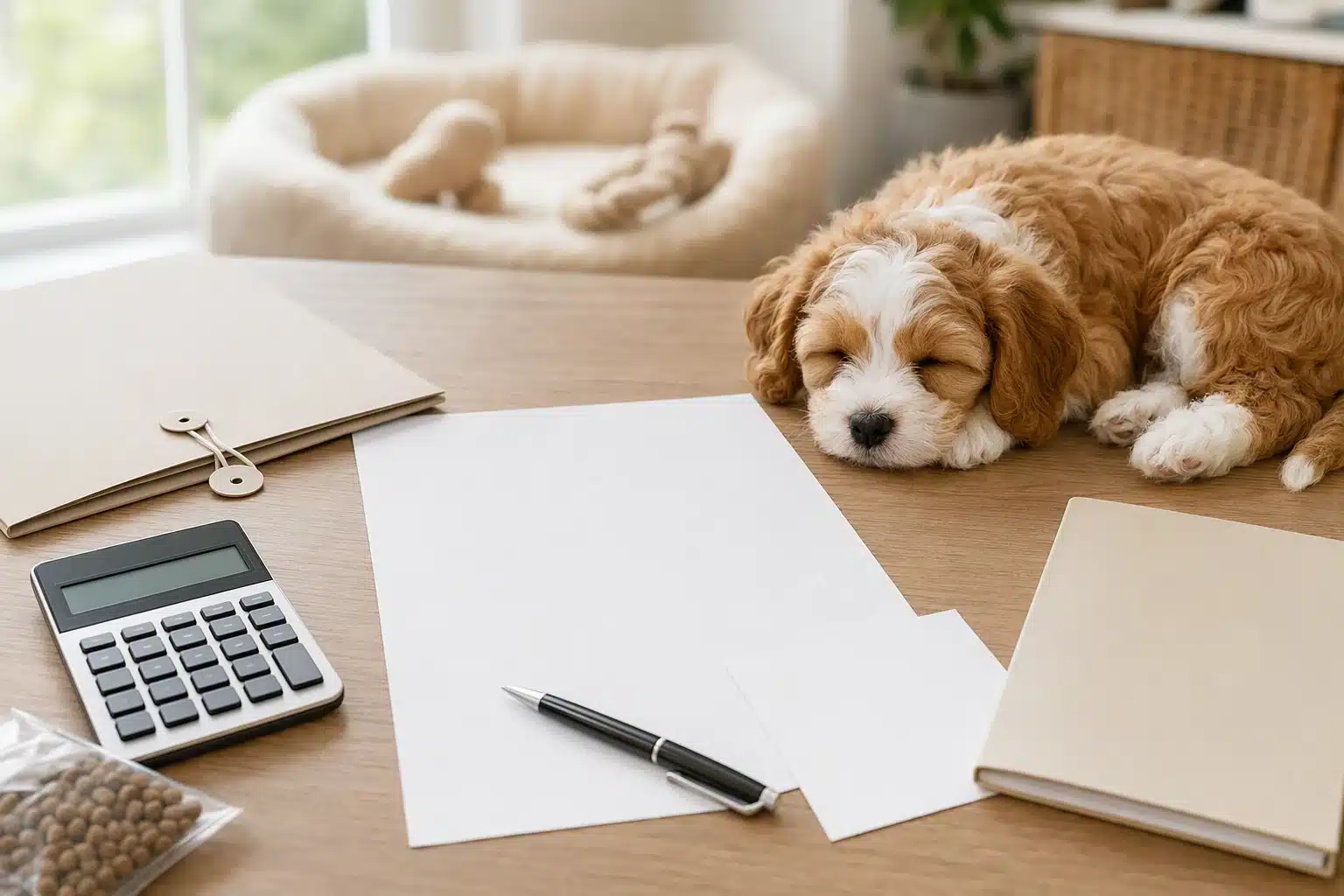 Puppy contract beside calculator and receipt