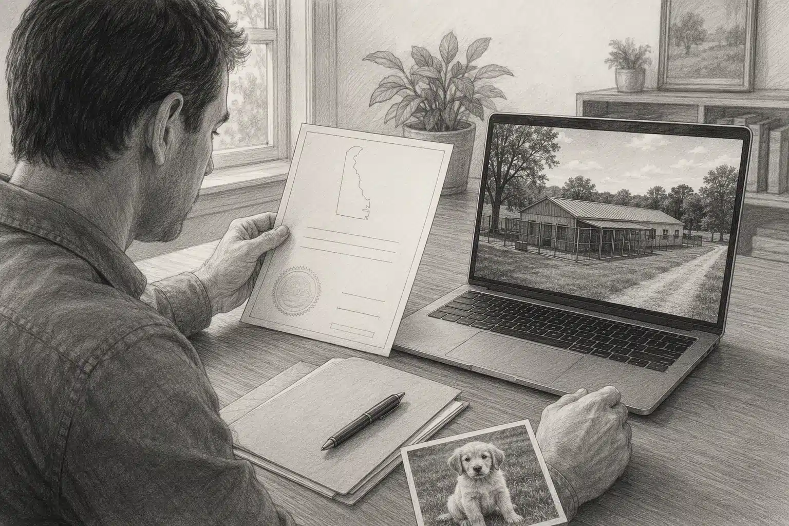 Pencil sketch of buyer inspecting kennel license