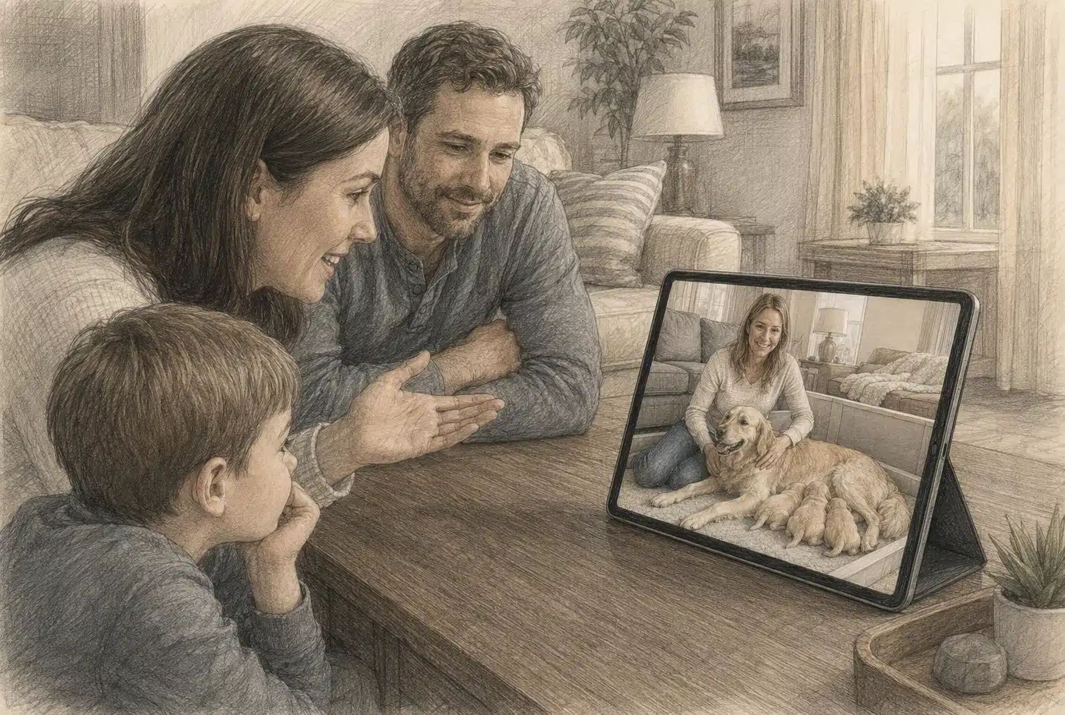 Family video calls a Delaware puppy breeder, showing a woman with a golden retriever and puppies on a tablet, illustrating the importance of verifying breeders.