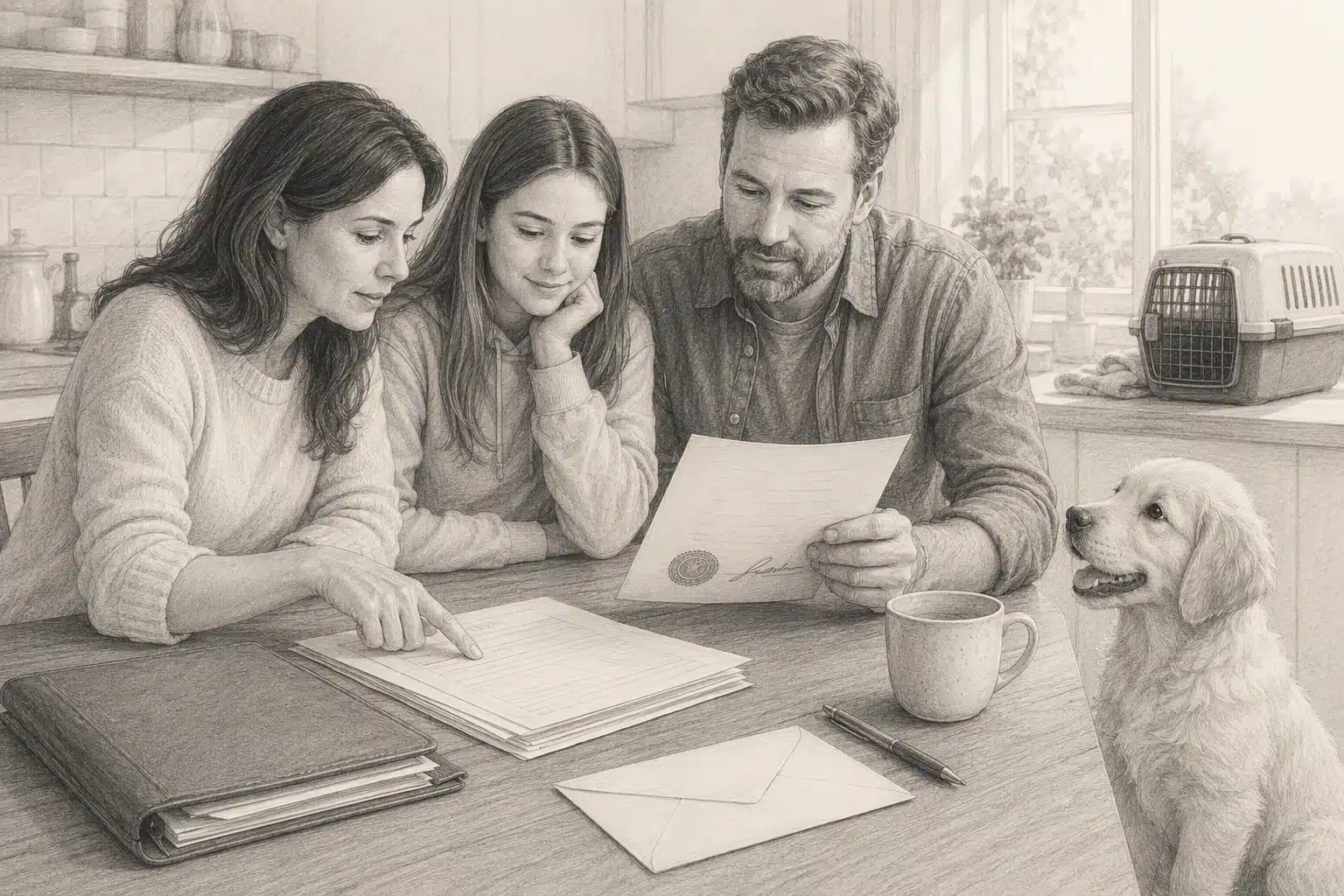 Family reviewing puppy health paperwork at kitchen table