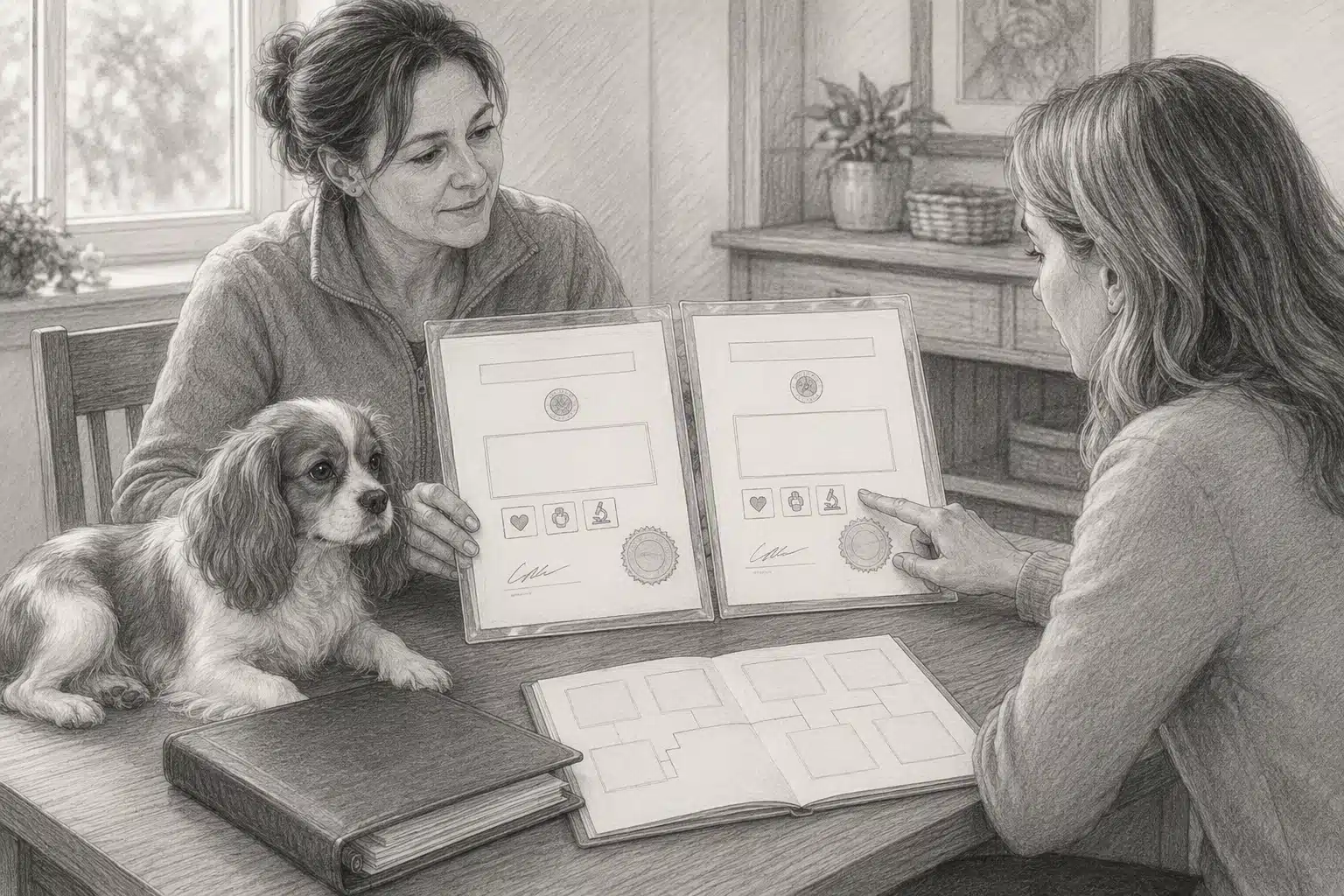 Breeder presenting health certificates beside calm dog