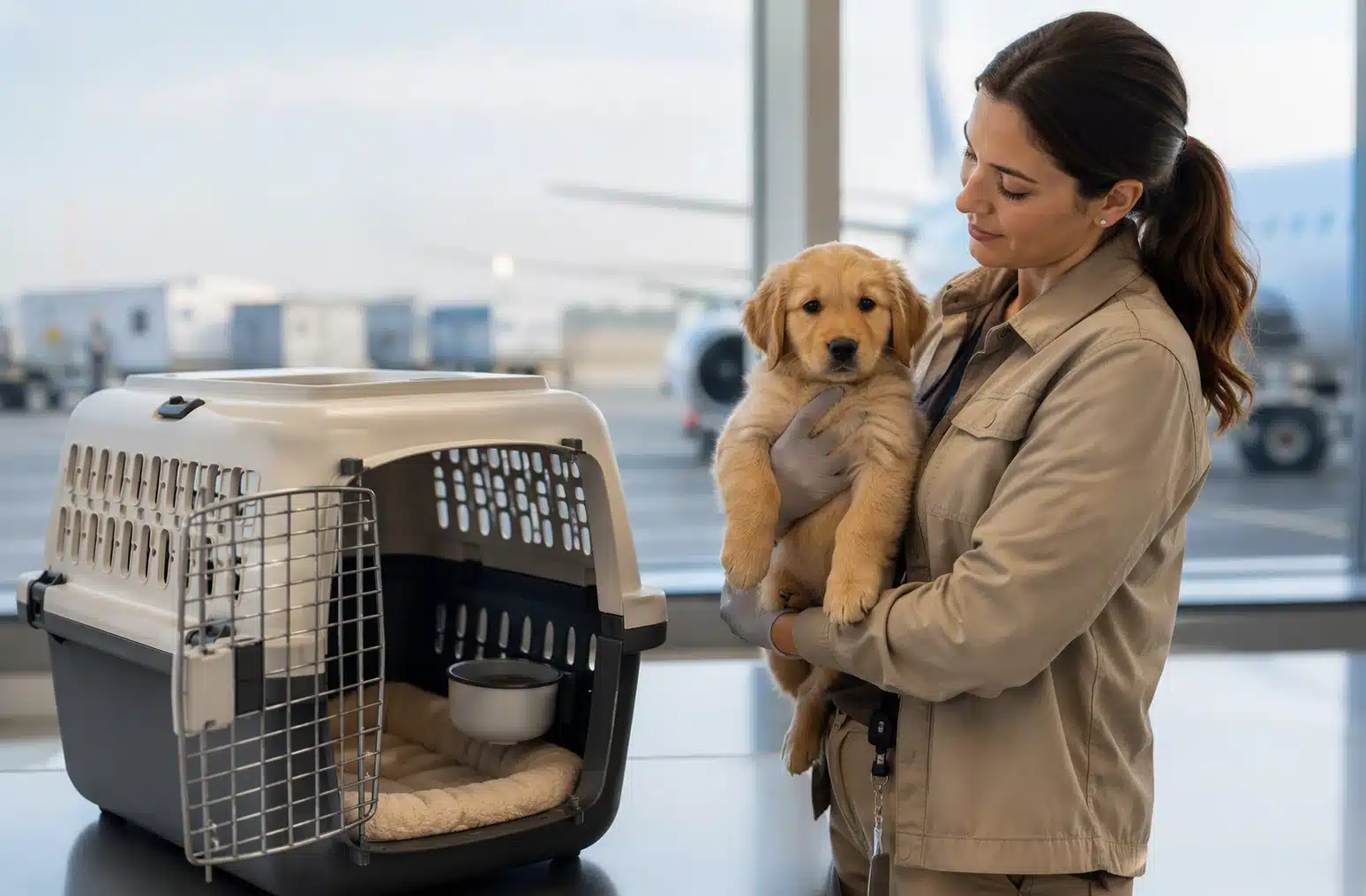 Airport caregiver holding puppy near carrier