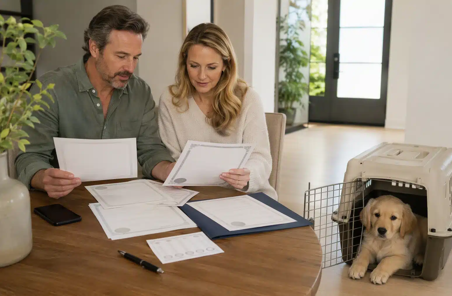 Couple reviewing puppy papers beside carrier