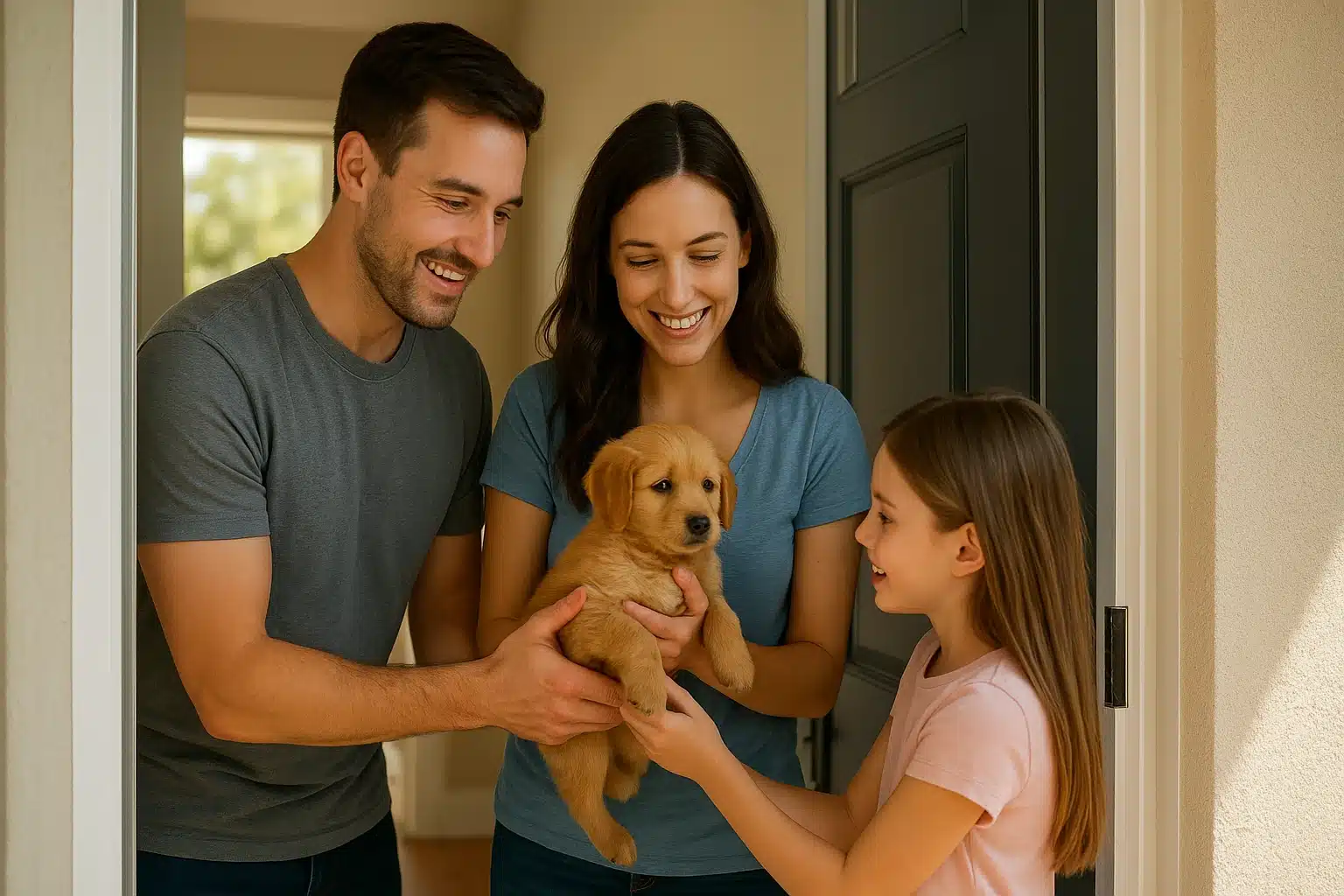 Sunlit doorway greeting a delivered puppy