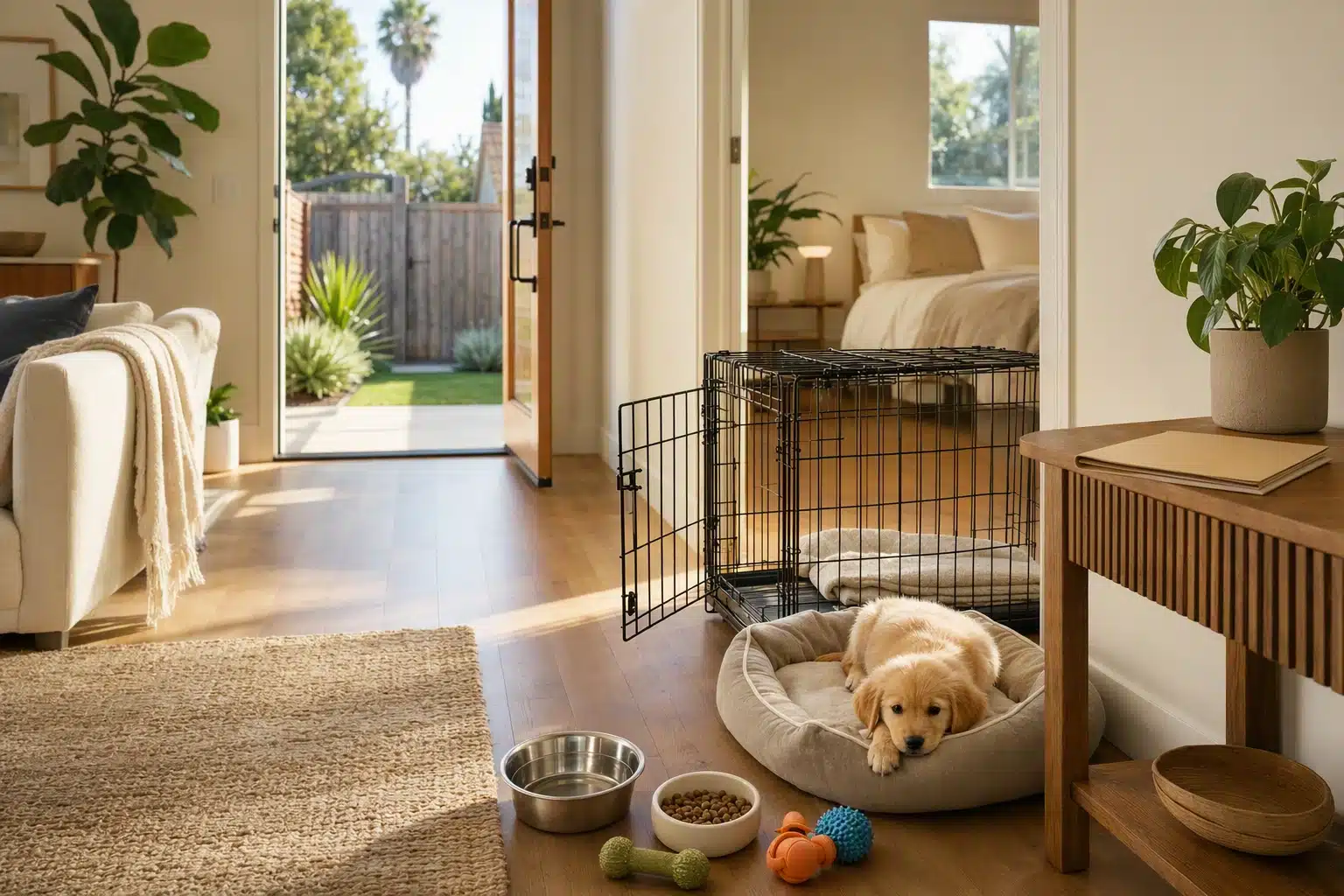Puppy resting beside crate in sunlit living room
