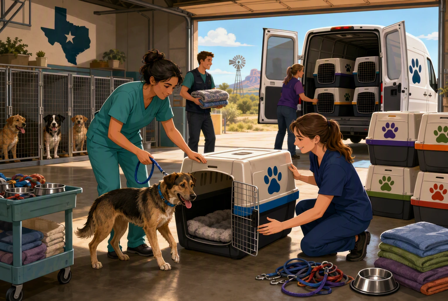 Shelter staff loading dogs into travel crates