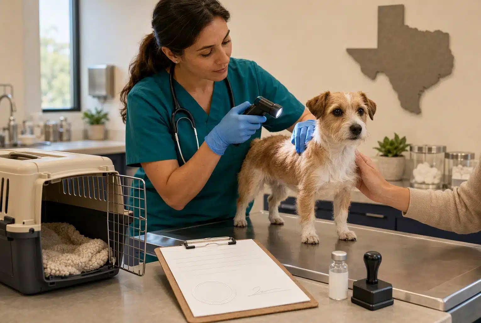 Veterinarian inspecting small dog beside travel carrier