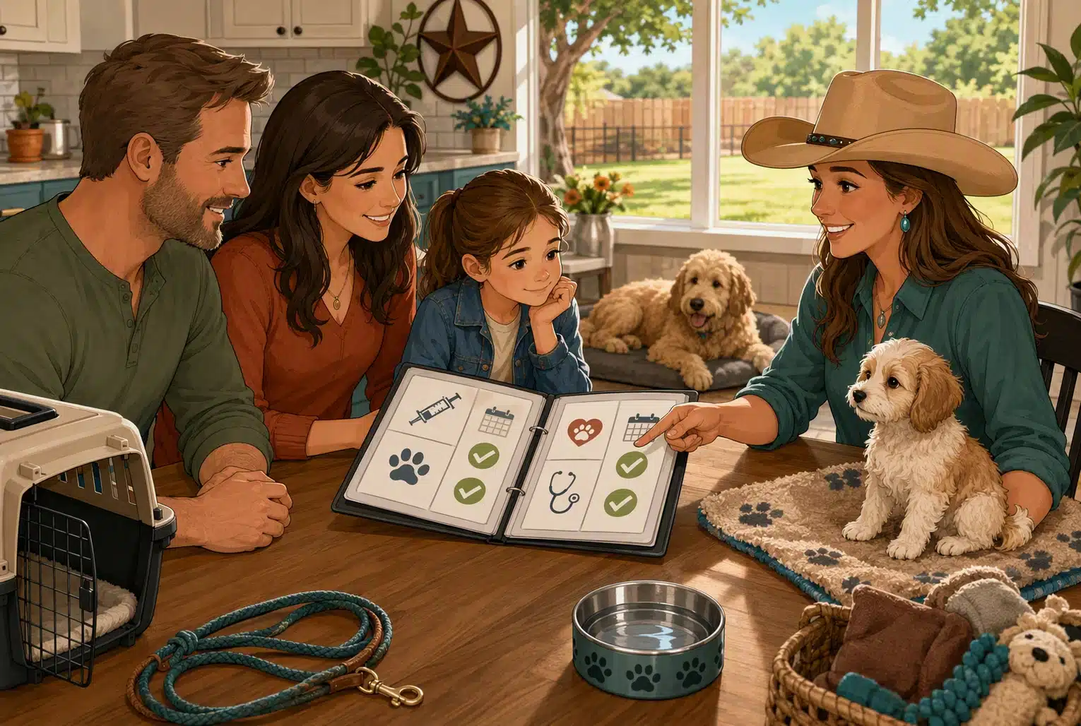 Family reviewing puppy health records with breeder