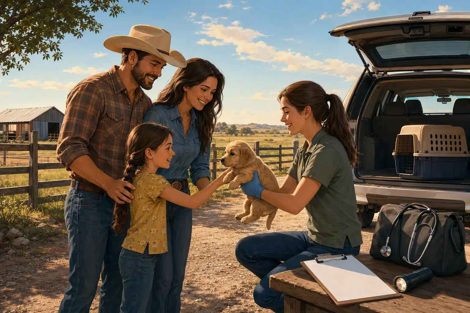 A family greets a puppy beside a parked car