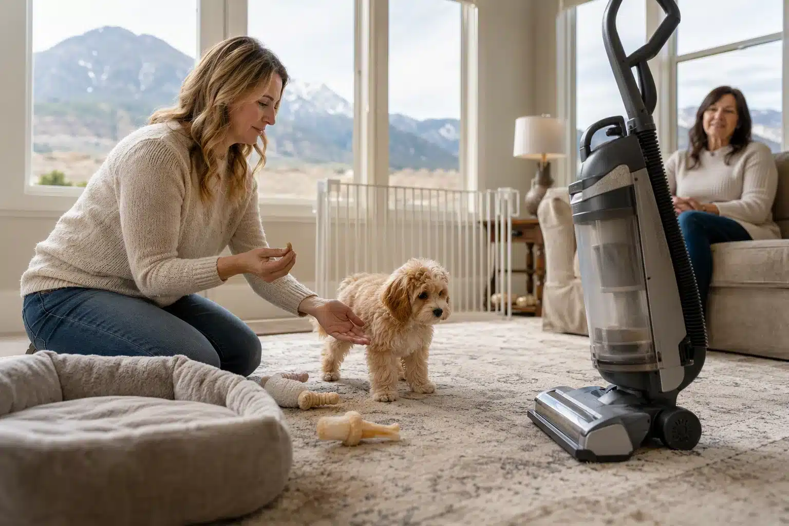 Breeder socializing Havapoo puppy in bright living room