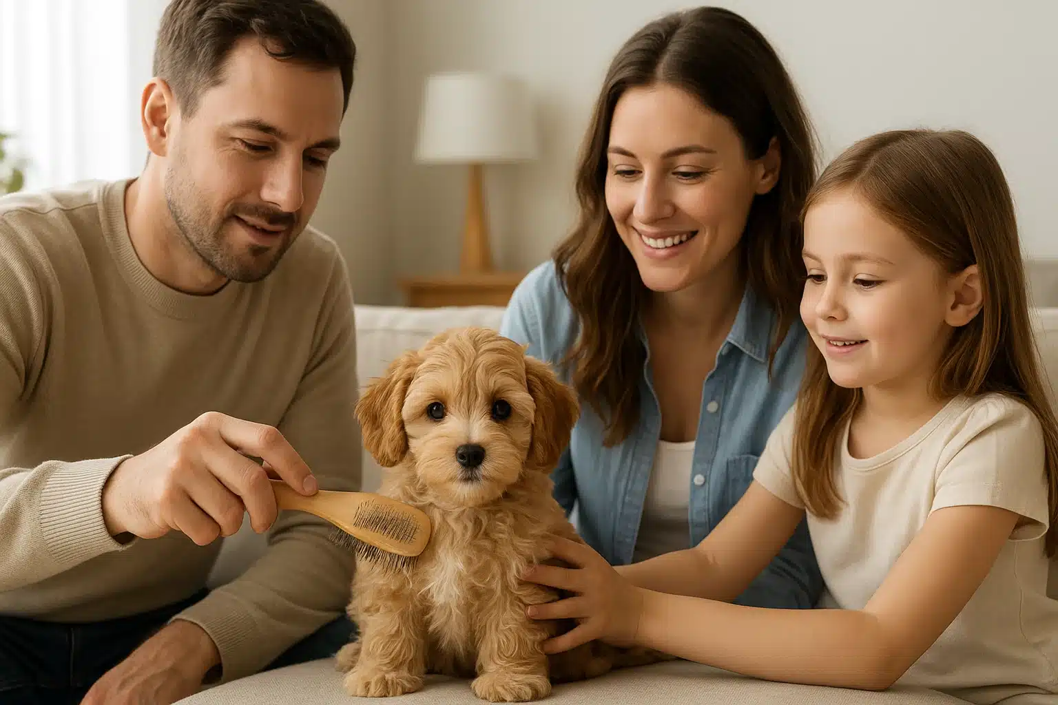 Family brushing a wavy-coated Havapoo puppy