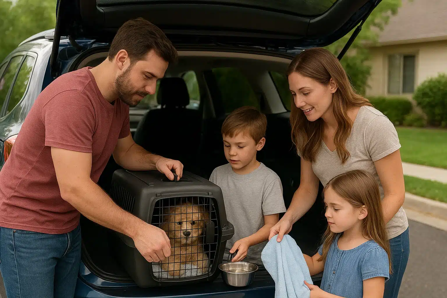 Family securing puppy carrier in parked SUV