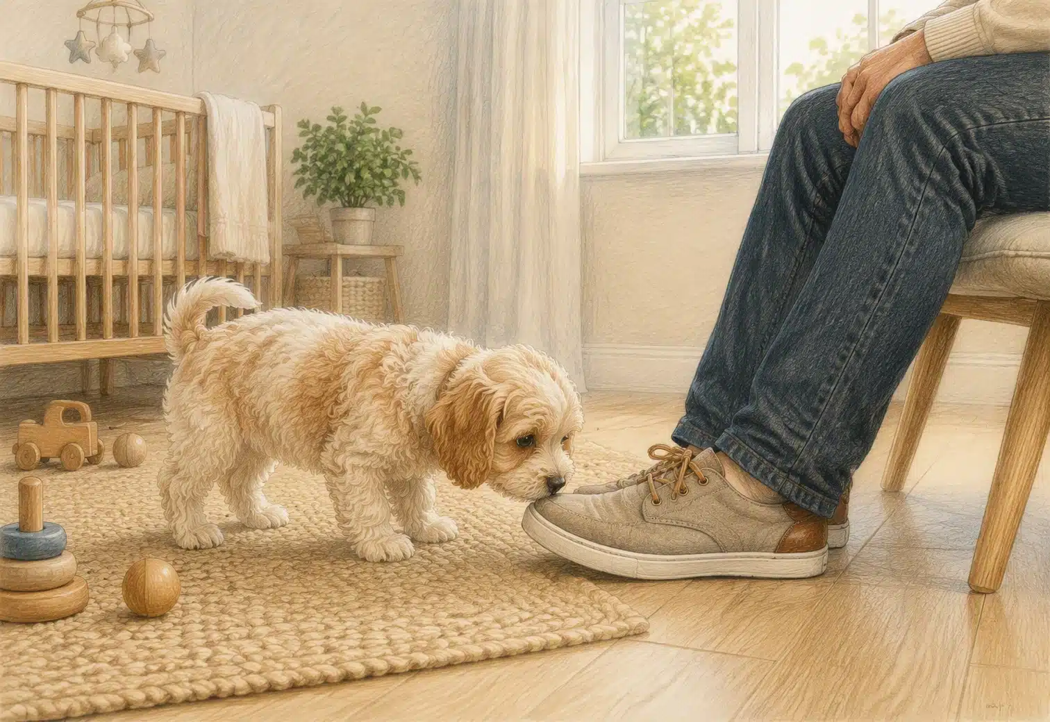 Puppy sniffing visitor's shoe in bright nursery