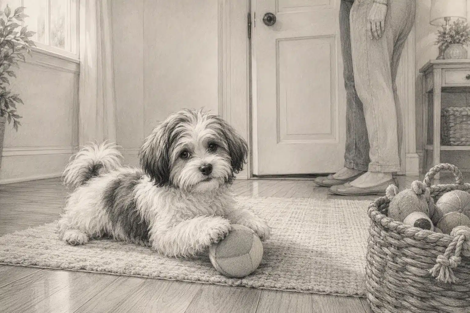 Havanese puppy resuming play after door closes
