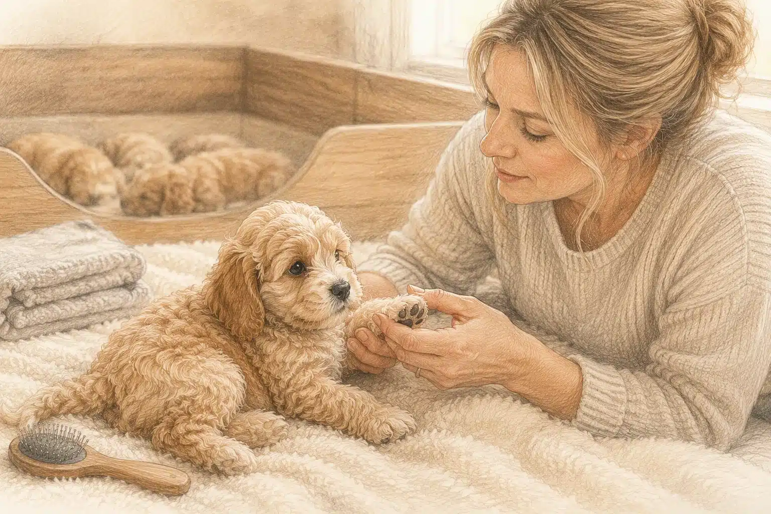 Breeder examining puppy paw on nursery blanket