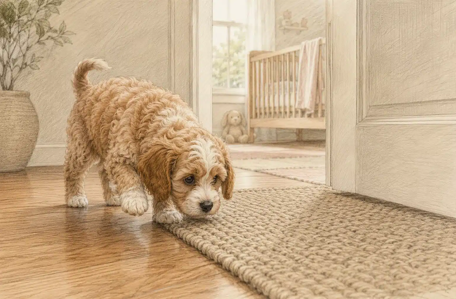 Cavapoo puppy sniffing textured mat near nursery doorway