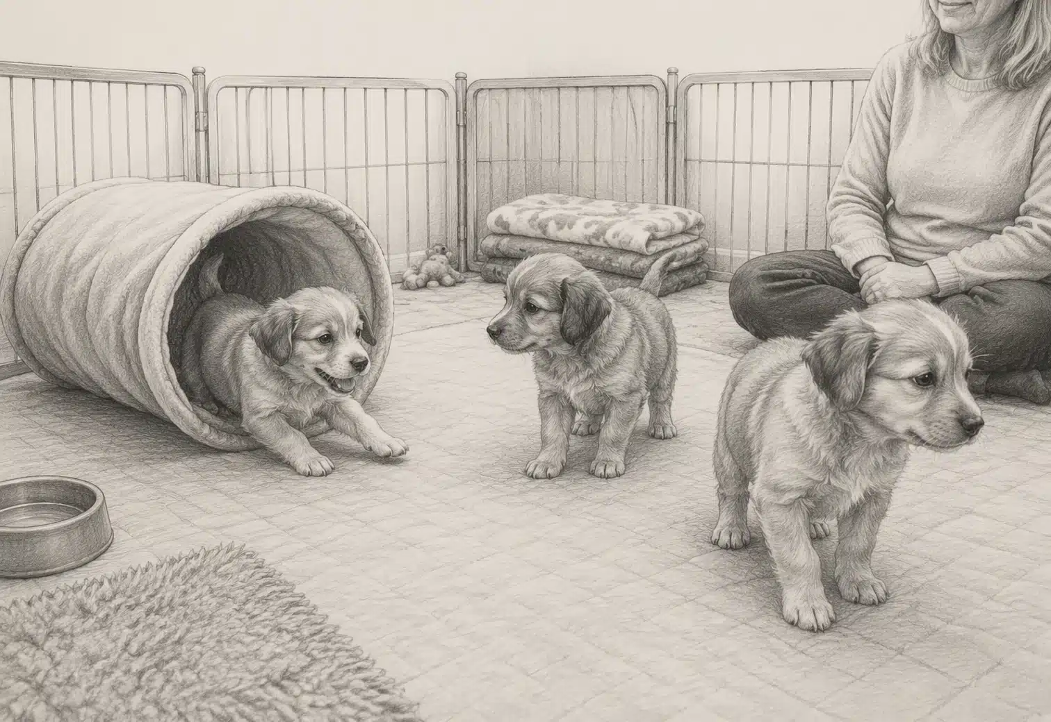 Three puppies trading chase roles in tunnel