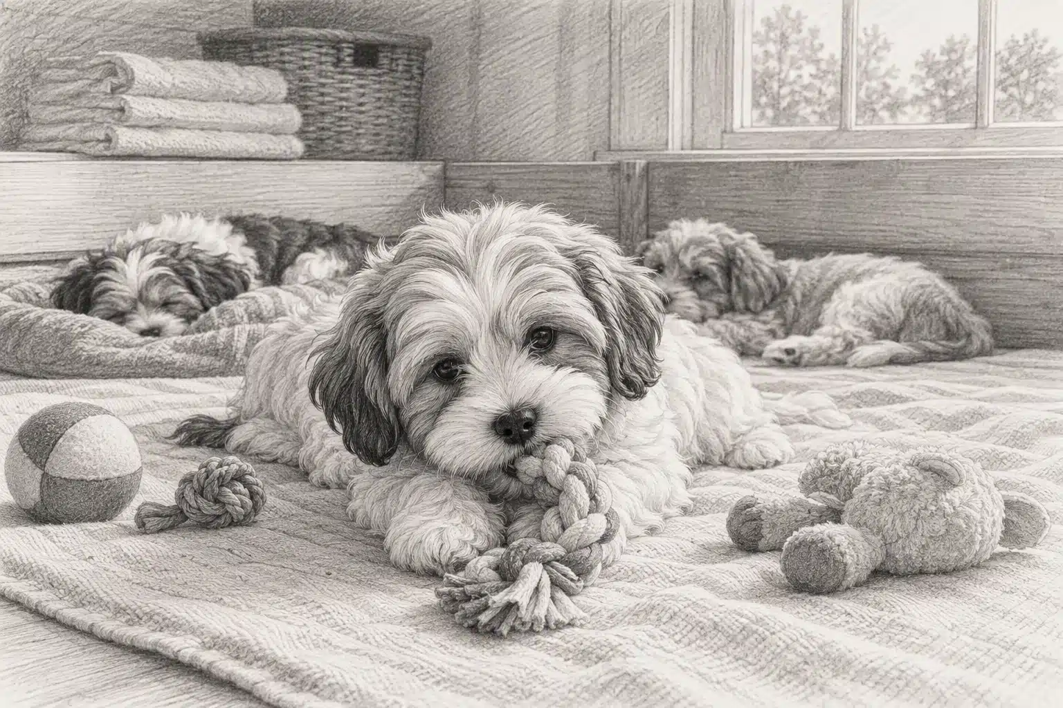 Havanese puppy resting beside sleeping littermates