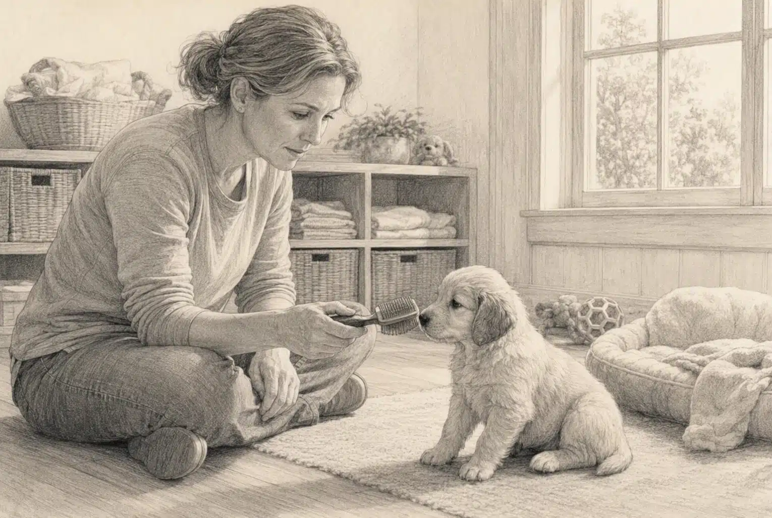 Breeder brushing puppy by nursery window