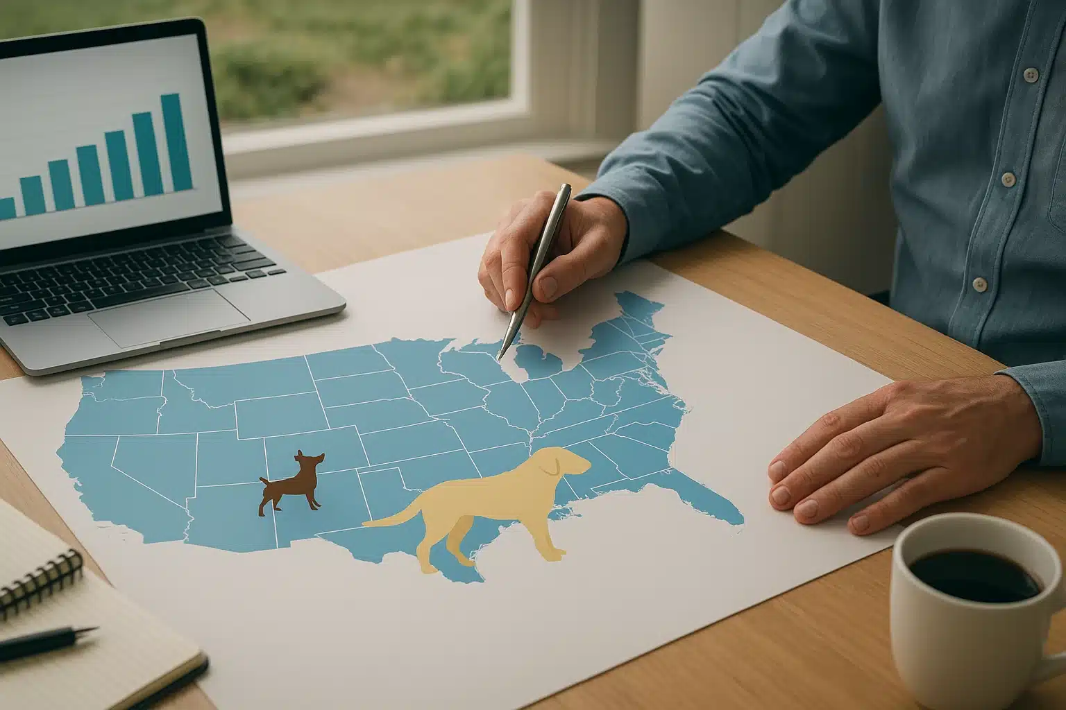Aerial view of a US map with dog breed icons