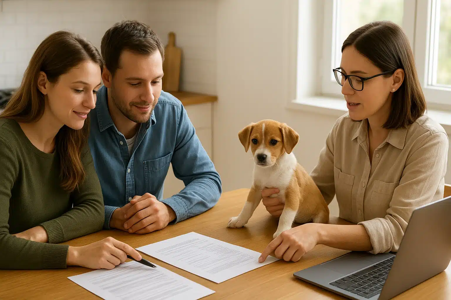 Family reviewing puppy health records with breeder