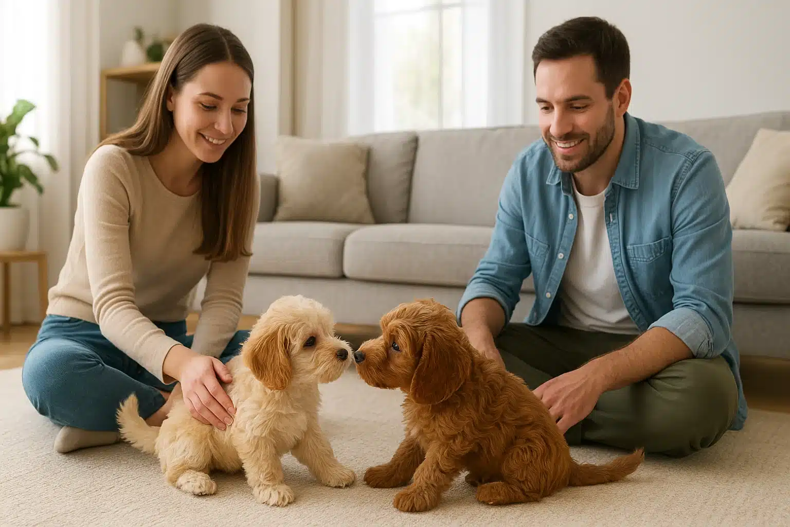 Two fluffy puppies playing on bright living room rug