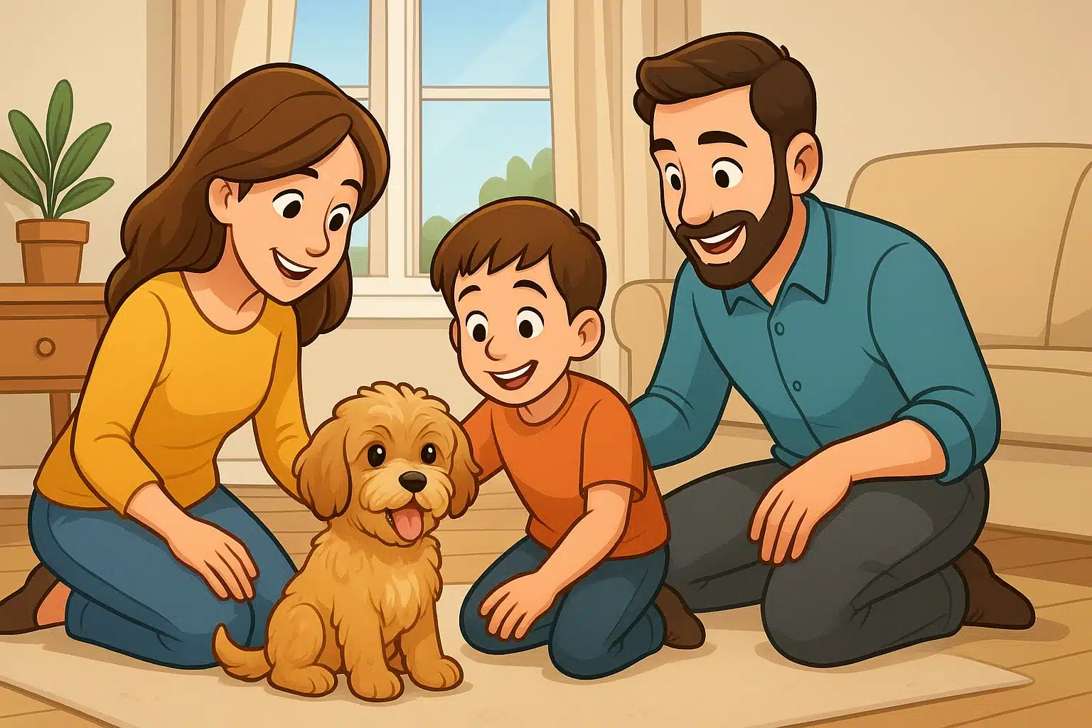 A family cuddling a playful Cavapoo puppy indoors