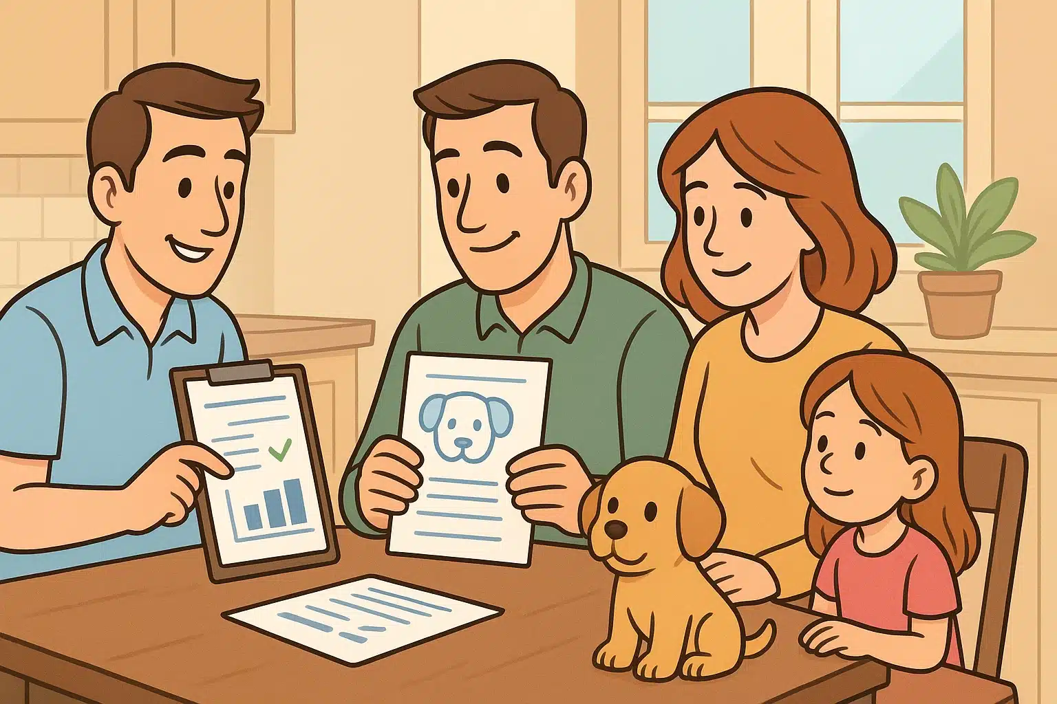 Breeder and family reviewing health certificates