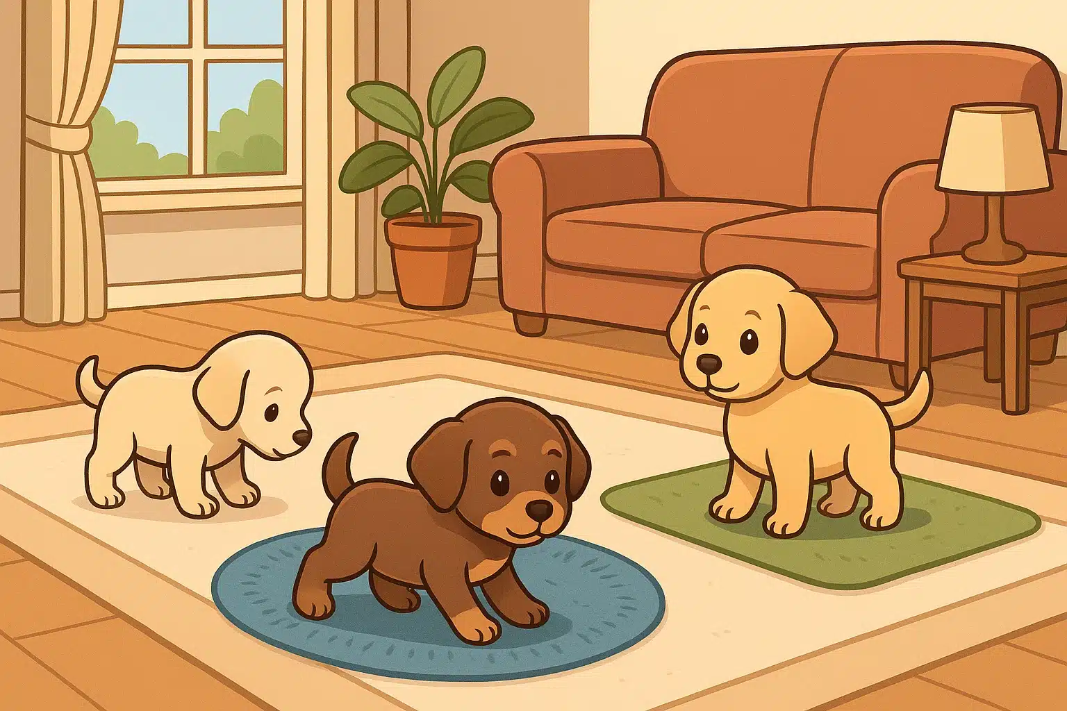 Puppies exploring a bright family living room