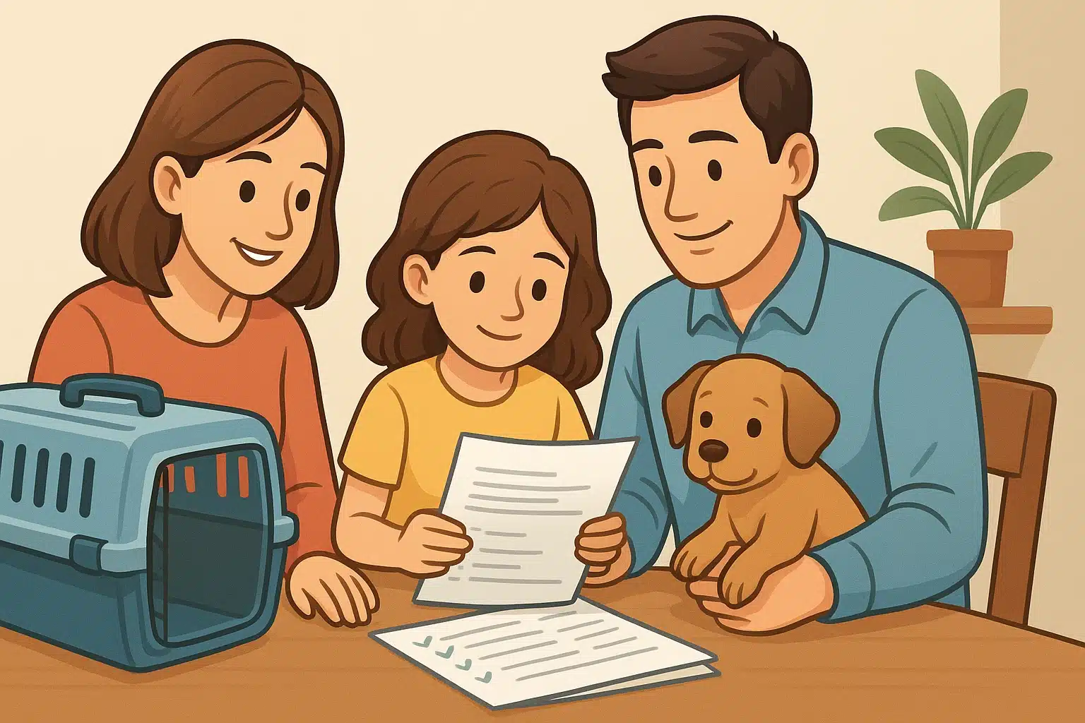 Family reviewing puppy vaccination documents beside carrier