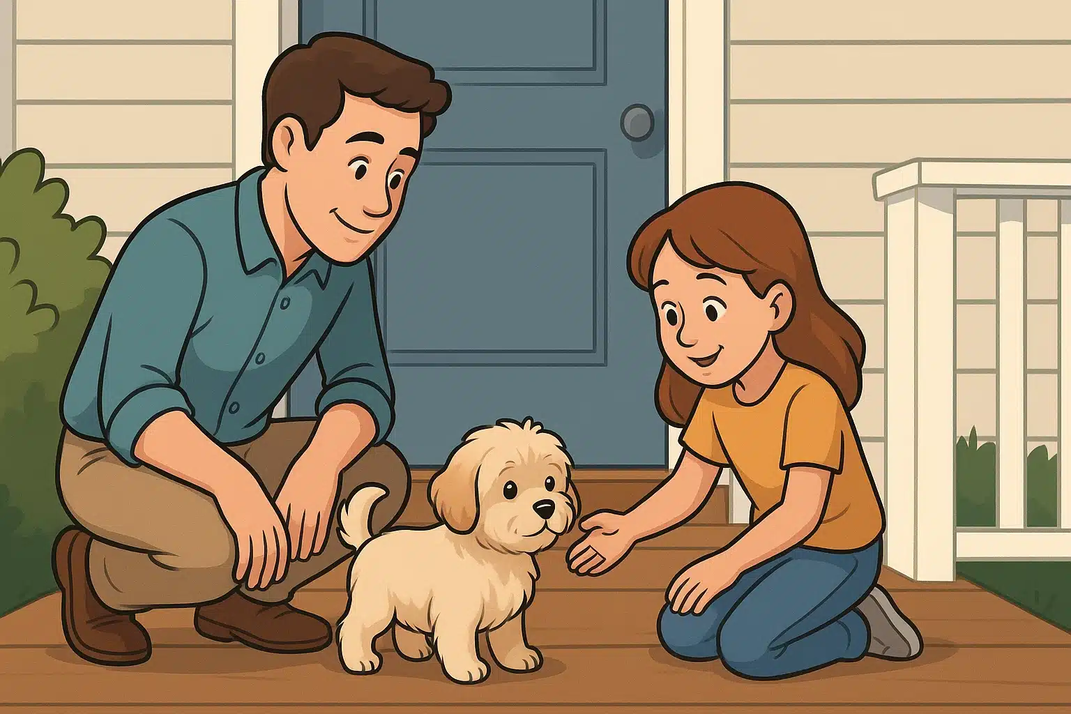 Parent and child meeting Havanese puppy on porch