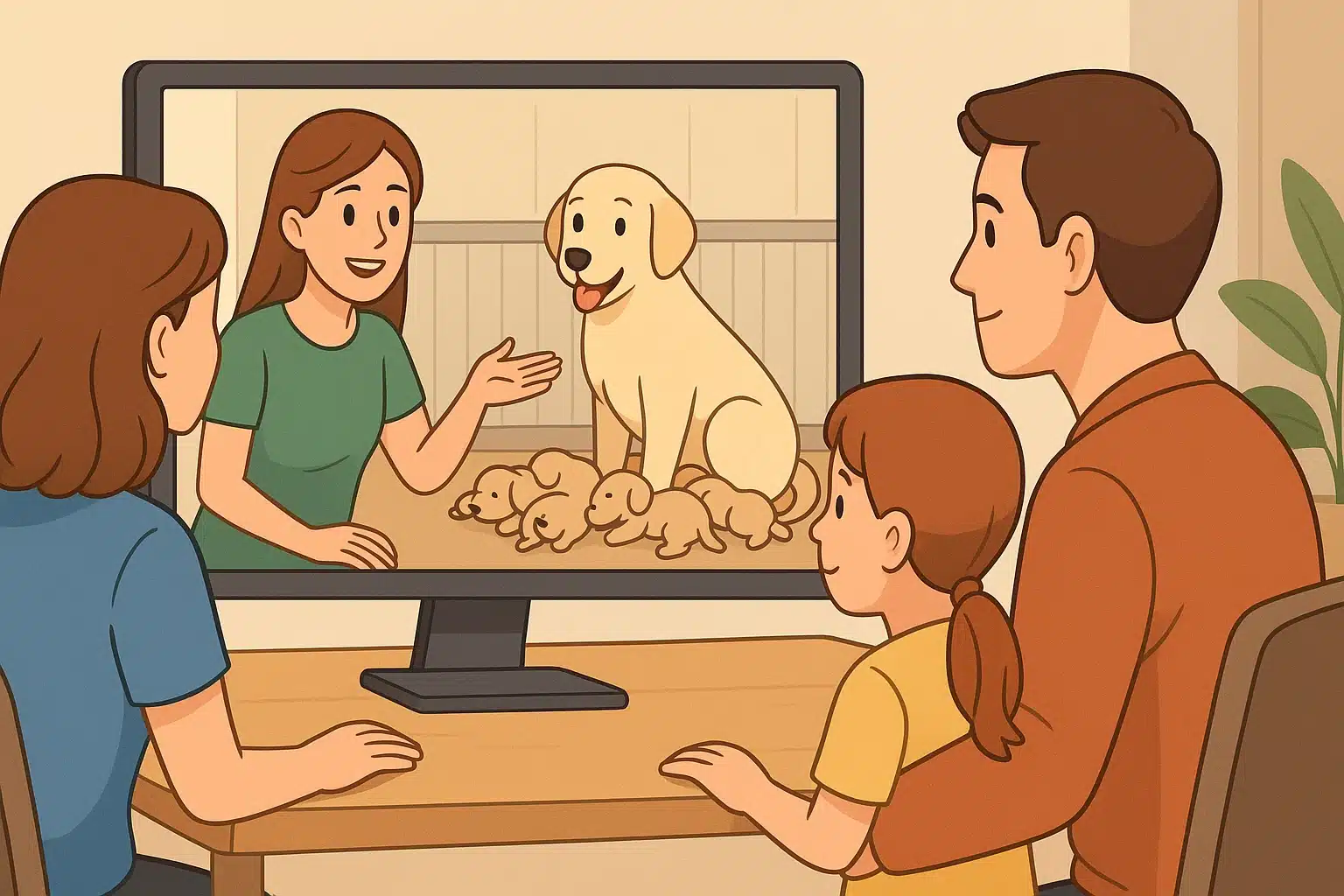 Family video call with breeder and puppies