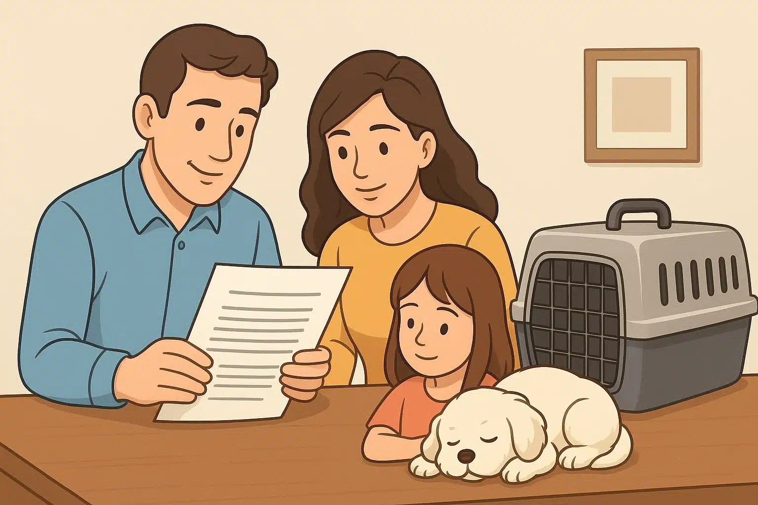Family reviewing puppy contract beside sleeping Havapoo