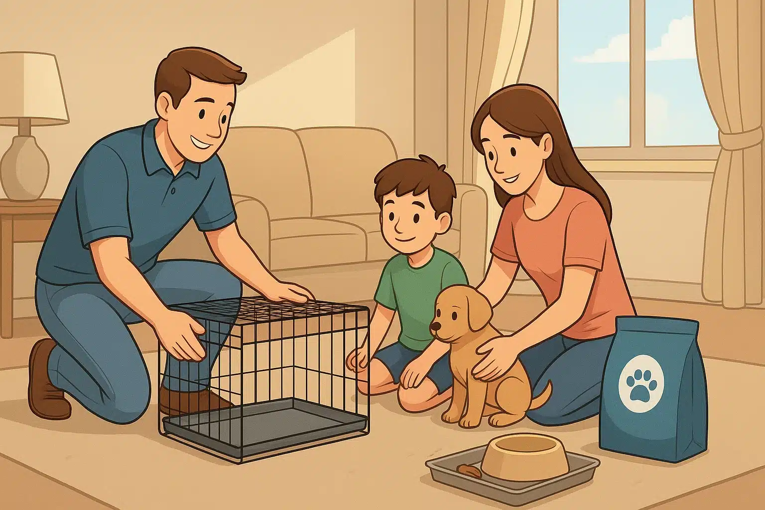 Family preparing a puppy crate in living room