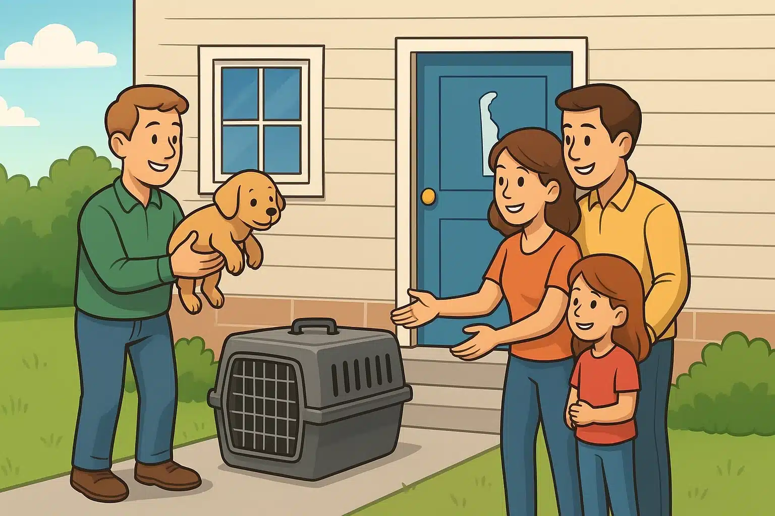 Family preparing puppy carrier at Delaware home