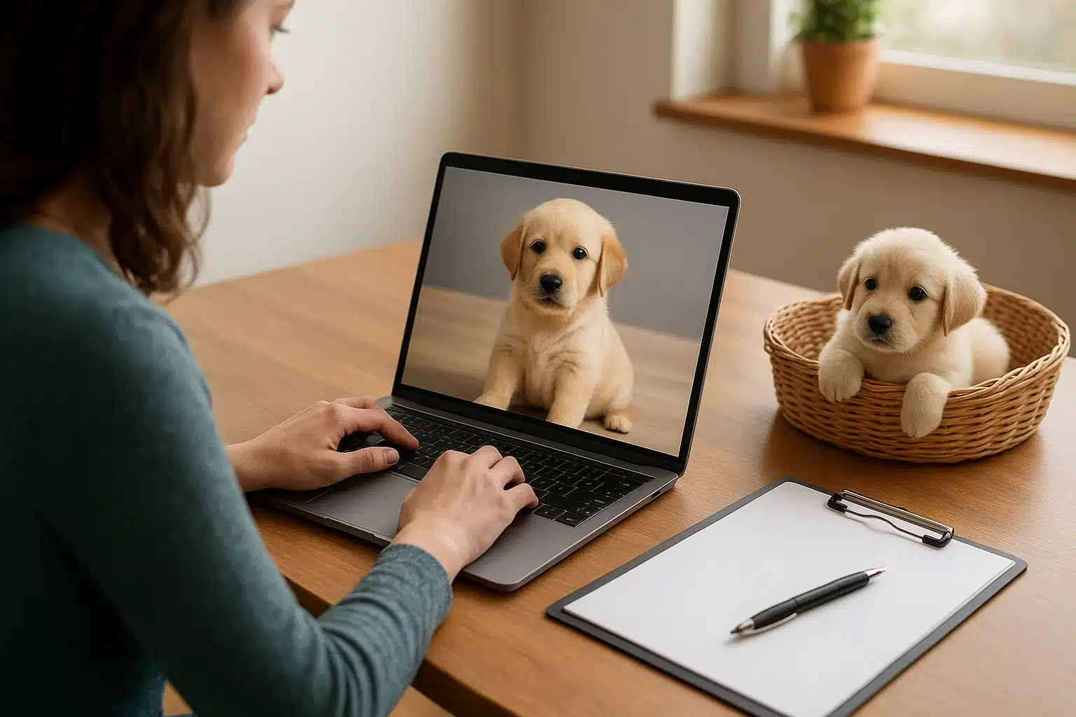 A breeder handing a puppy to a new owner