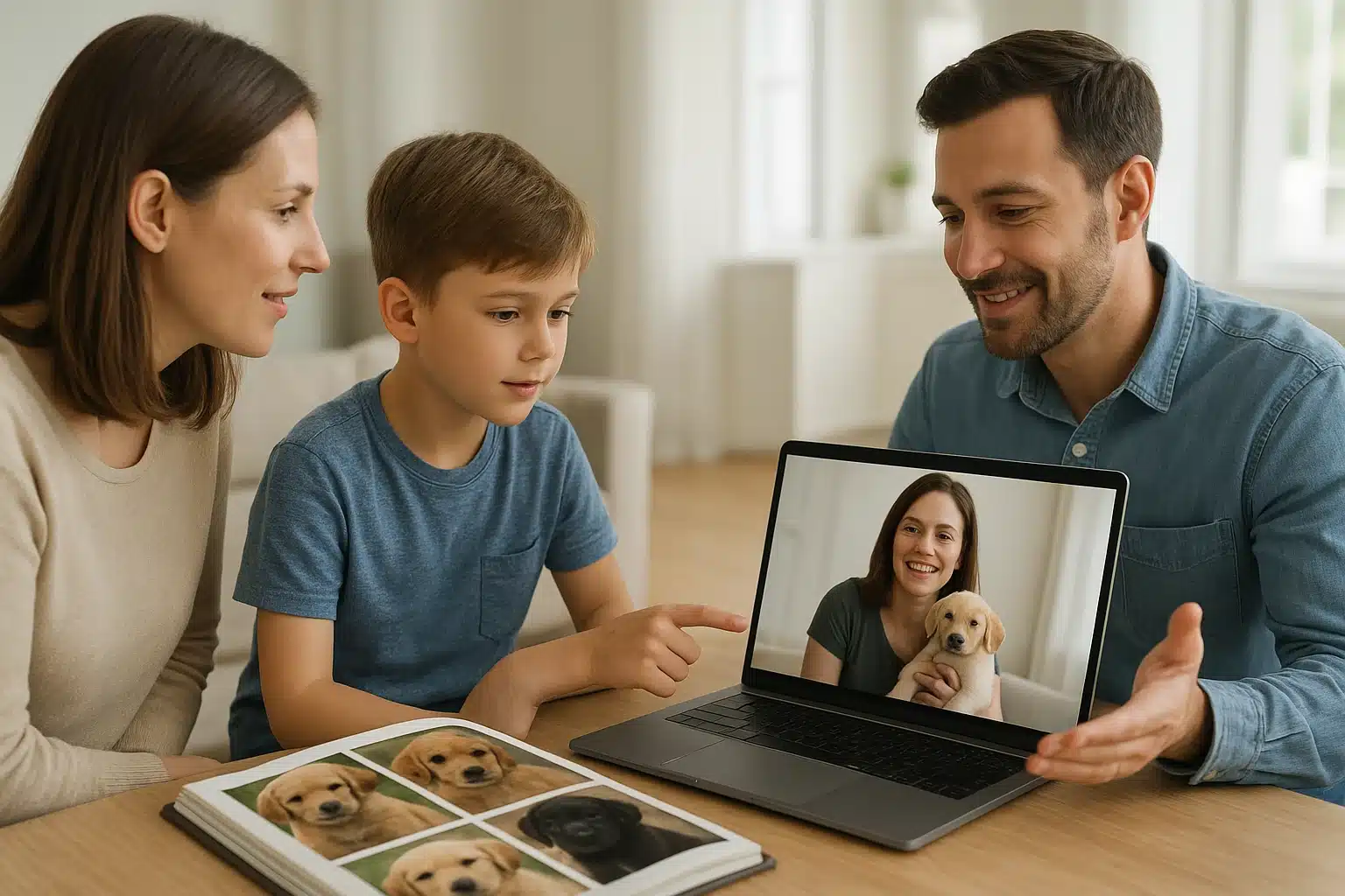 Family reviewing puppy photos with breeder