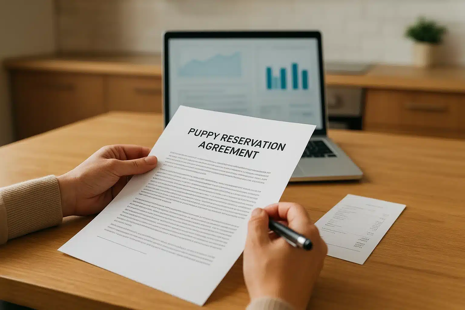 Buyer reviewing puppy reservation agreement at kitchen table