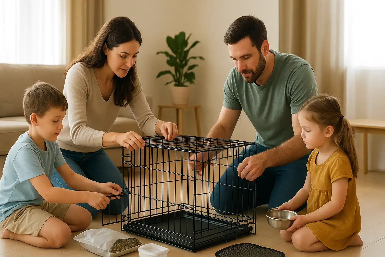 Family assembling puppy crate in sunny living room