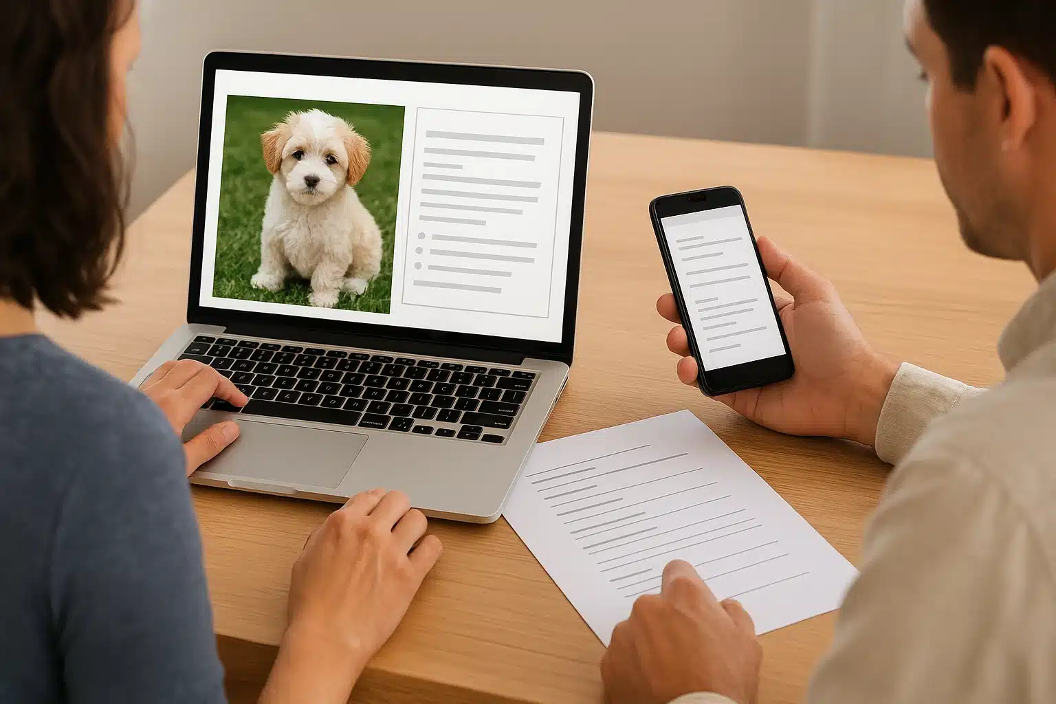 Family verifying puppy seller details online