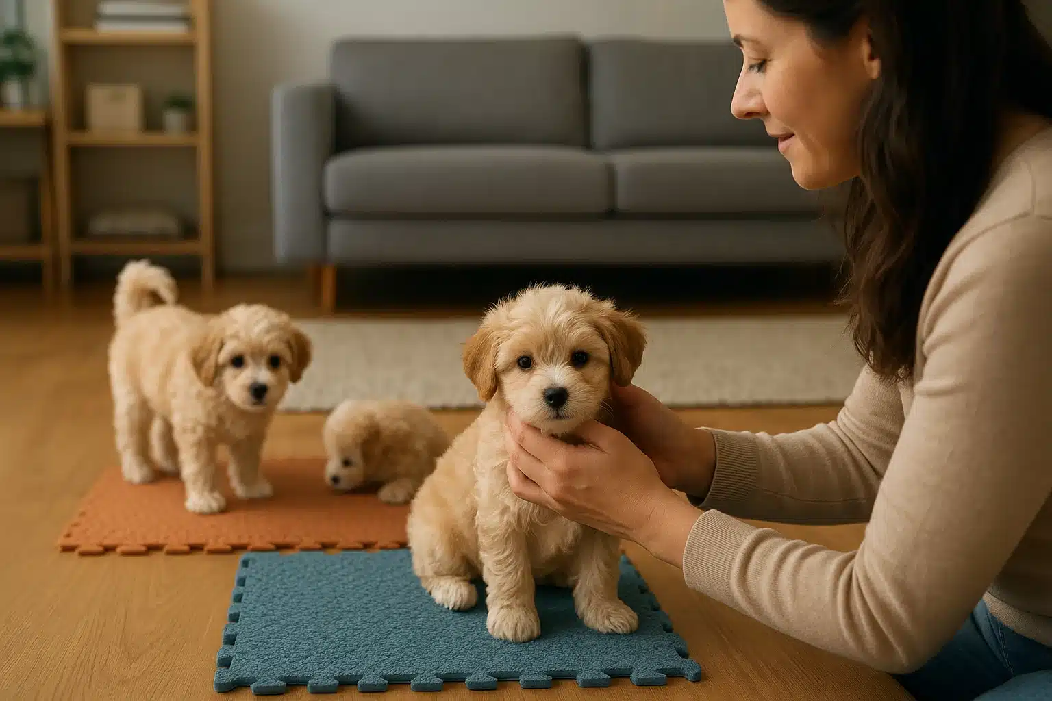 A breeder gently handles a puppy on textured mats