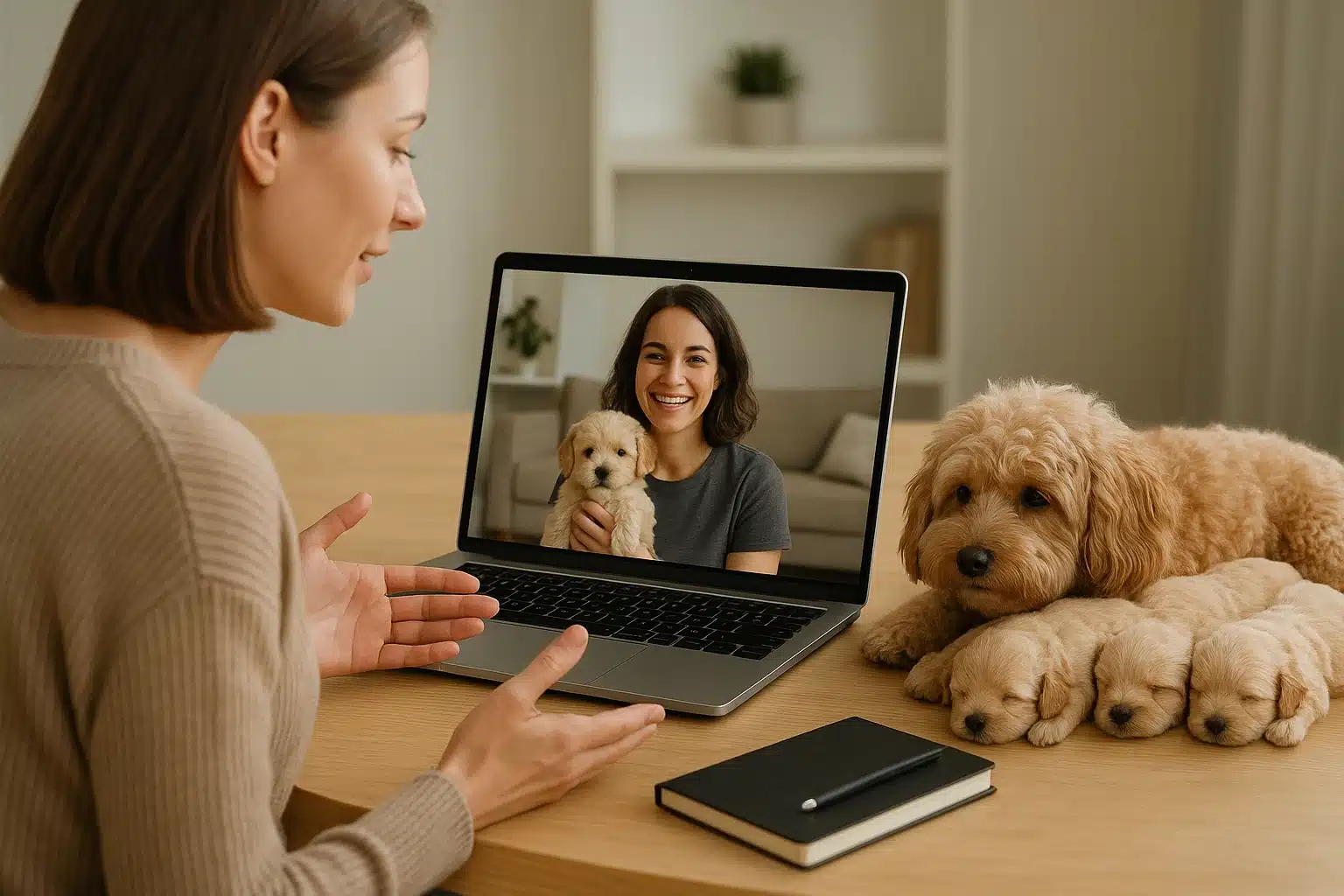 A family video-calls a breeder while the mother dog rests with her puppies