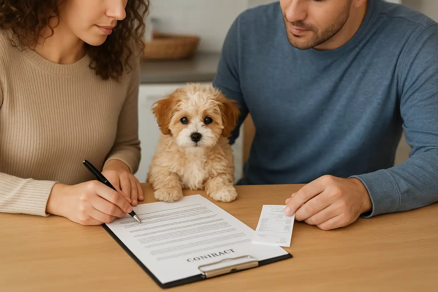 Couple reviewing puppy contract at kitchen table